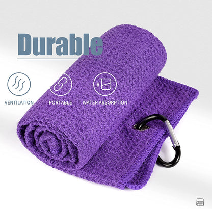Microfiber Golf Towel, 16" X 24", Waffle Pattern Design with Carabiner Clip, Super Absorbent, Tri-Fold Large Golf Ball Towels, Golf Bag Accessories for Men and Women, Golf Gift（Purple）