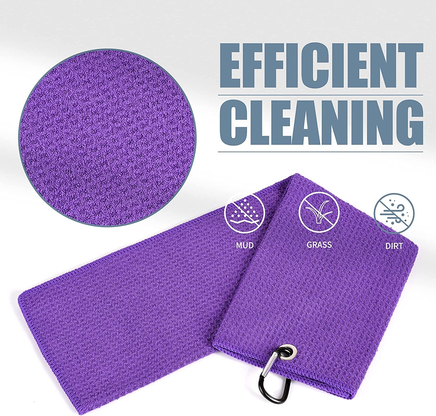 Microfiber Golf Towel, 16" X 24", Waffle Pattern Design with Carabiner Clip, Super Absorbent, Tri-Fold Large Golf Ball Towels, Golf Bag Accessories for Men and Women, Golf Gift（Purple）