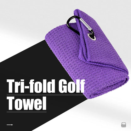 Microfiber Golf Towel, 16" X 24", Waffle Pattern Design with Carabiner Clip, Super Absorbent, Tri-Fold Large Golf Ball Towels, Golf Bag Accessories for Men and Women, Golf Gift（Purple）