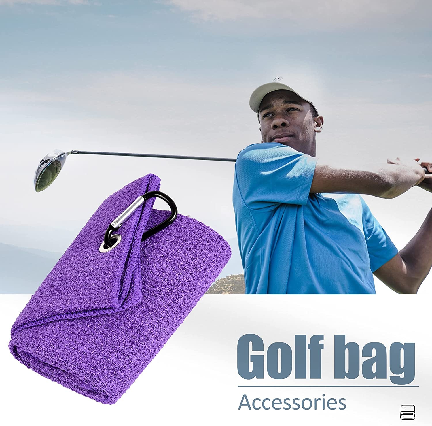 Microfiber Golf Towel, 16" X 24", Waffle Pattern Design with Carabiner Clip, Super Absorbent, Tri-Fold Large Golf Ball Towels, Golf Bag Accessories for Men and Women, Golf Gift（Purple）