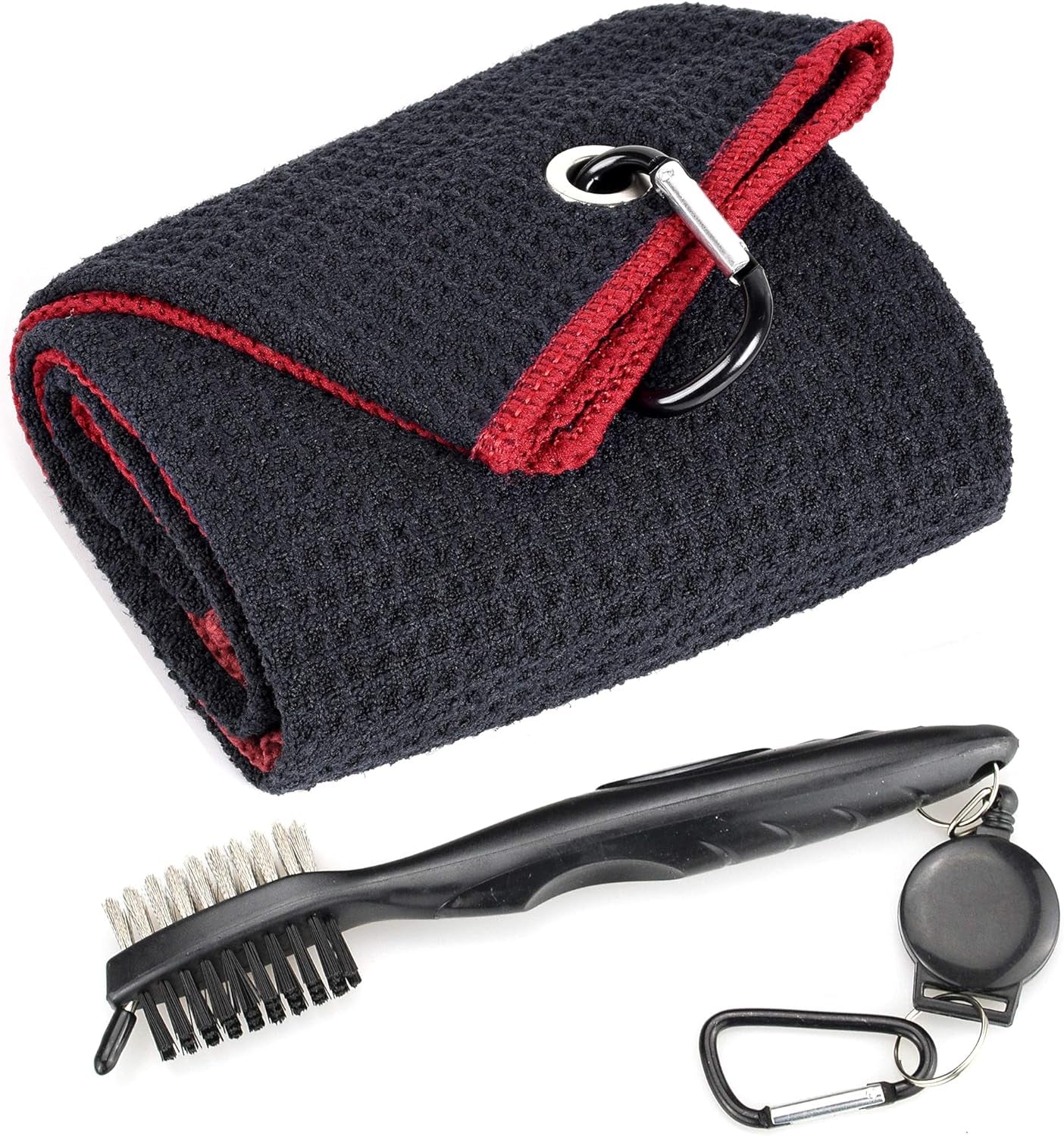 Golf Towels - Microfiber Waffle Pattern Tri-Fold, Brush Tool Kit with Club Groove Cleaner with Retractable Cord and Clip, for Men Women, Golf Gift