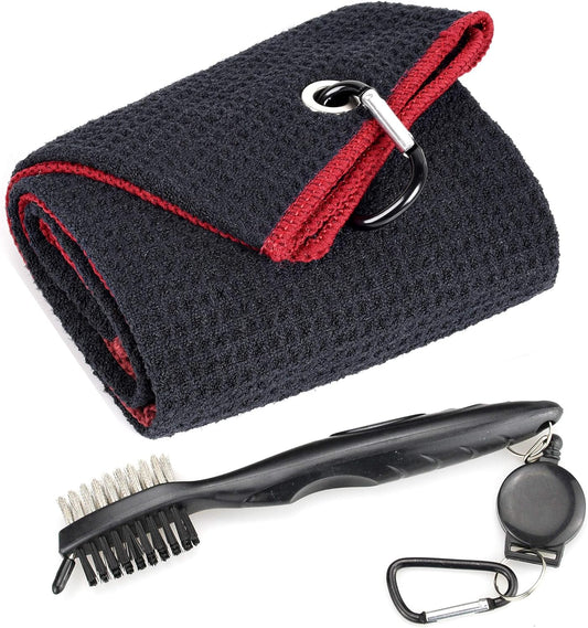 Golf Towels - Microfiber Waffle Pattern Tri-Fold, Brush Tool Kit with Club Groove Cleaner with Retractable Cord and Clip, for Men Women, Golf Gift