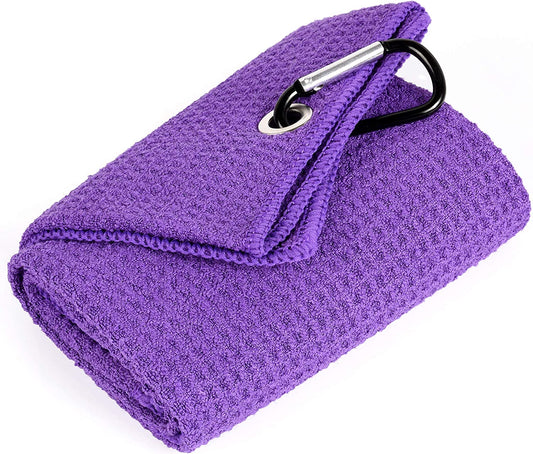 Microfiber Golf Towel, 16" X 24", Waffle Pattern Design with Carabiner Clip, Super Absorbent, Tri-Fold Large Golf Ball Towels, Golf Bag Accessories for Men and Women, Golf Gift（Purple）